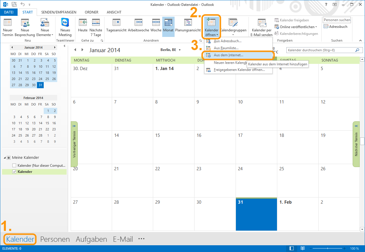 kalender öffnen in Microsoft Office Outlook